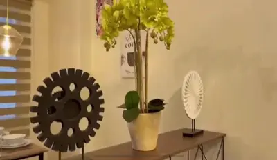 a table with a potted plant and a fan at Casa Chena in Manila