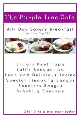 a flyer for the purple tree cafe with plates of food at Purple Tree Bed & Breakfast in Manila