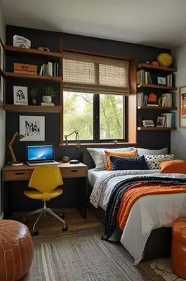 a bedroom with a bed and a desk with a laptop at KS RESIDENCES in Manila