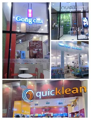 a collage of four pictures of a store at Two Palmtree Villas Across Manila Airport Terminal 3 -JJRMK Condotel in Manila