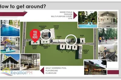 a collage of pictures of buildings and a sign that says how to get around at Brand New Studio in Pasig with Free Pool Access in Manila