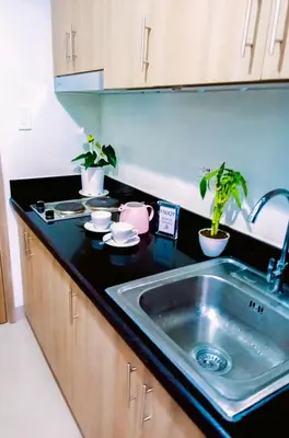 a kitchen counter with a sink and plants on it at Shore 2 Residences 1BR Deluxe Room in MOA Complex in Manila