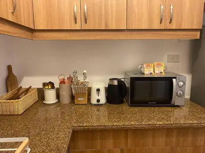a kitchen counter with a microwave on a counter top at Bohemian Inspired 2 Bedroom Inspired Condo with Fast WIFI Near BGC in Manila