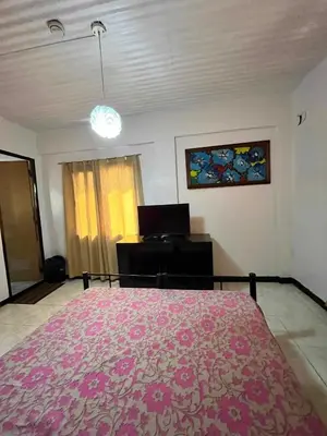 a bedroom with a large pink bed and a desk at Aladino Hostel in Dasmariñas