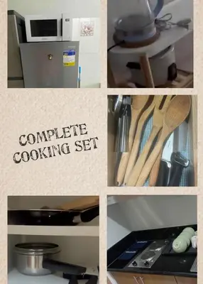 a collage of pictures of kitchen utensils and appliances at Cozy Private Condo at Shore 3 near MOA in Manila