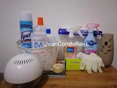 a table with hygiene products and a cat figurine on it at Magayon Staycation Shell Residences Mall of Asia in Manila
