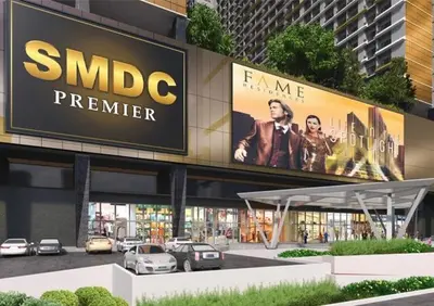 a large sign on the side of a building at aesthetic suite in edsa smdc fame VERY FAST WIFI in Manila