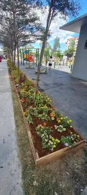 a garden of flowers in a planter on a street at Arveelene Bedspacing in Manila