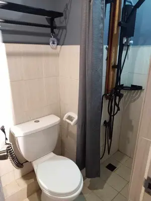 a small bathroom with a toilet and a shower at EL MEIR STAYCATION SMART CINEMA CABIN BESIDE ENCHANTED KiNGDOM in Santa Rosa