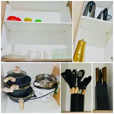 a collage of photos of a refrigerator with utensils at MALL OF ASIA Condo with Balcony Facing Pool @ Shore2 in Manila