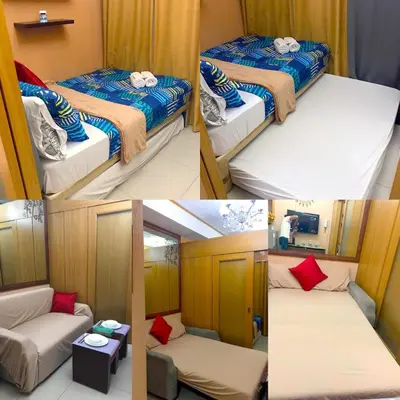 four different pictures of a room with two beds at Macc Staycation Shell Residences Moa in Manila