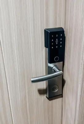 a metal door handle on a wooden door at Lian Louise at SMDC Shore 3 MOA with Parking in Manila