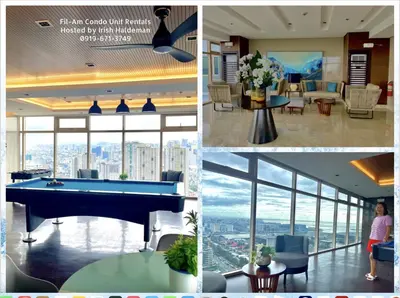 a collage of photos of a hotel with a pool table at SMDC Coast Residences in Manila