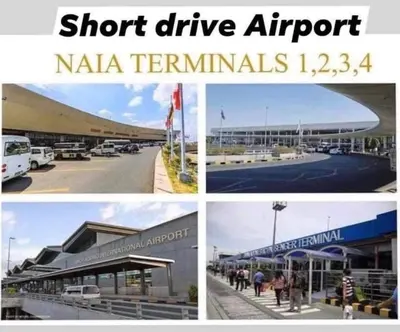 three pictures of a shopping center and a airport at SHELL RESIDENCE C23 Shortwalk MOA Balcony poolview in Manila