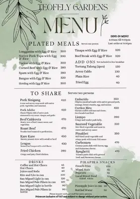 a picture of a menu for a restaurant at Teofely Gardens Resort near Tagaytay in Silang
