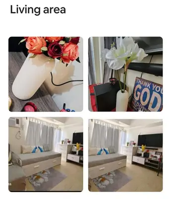 a collage of pictures of a living room with flowers at DG CONDOTEL @MANHATTAN PLAZA T2 STUDIO WITH BALCONY , 50 INCH TV AND UNLI WIFI @Araneta Cubao Quezon City Philippines in Manila