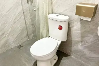 a bathroom with a toilet with a red button on it at Suite Dreams Staycation - Cozy 2-BR - Wi-Fi Garden Kitchen in Dasmariñas