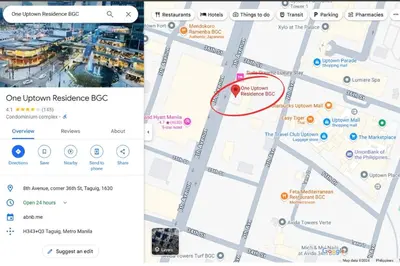a screenshot of a google map with a red circle at BGC Stay: Prime Condo AcrossGrand Hyatt #oursw32p in Manila