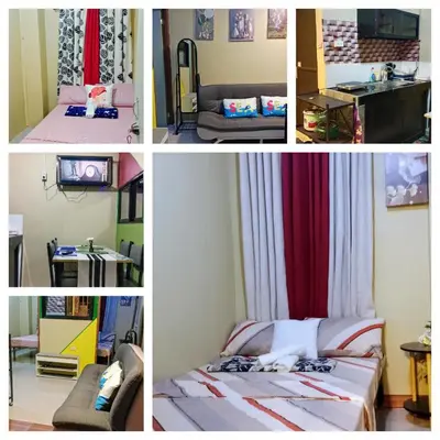 a collage of four pictures of a room at Dencios Transient in Cabuyao