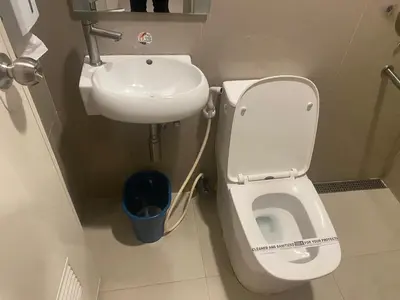 a bathroom with a toilet and a sink at Hotel Sogo San Pedro in San Pedro