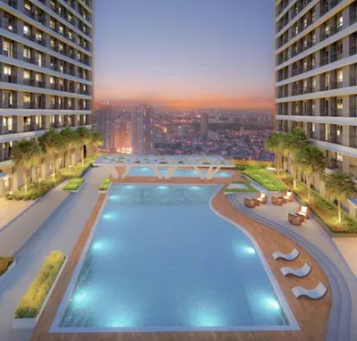 an overhead view of a large swimming pool in a building at 1BR Condotel with Balcony at FAME Residences #FM21 in Manila