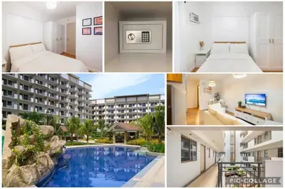 a collage of photos of a hotel with a pool at Coastal Inspired 2BR Condo I Fast Wi-Fi I Near BGC in Manila