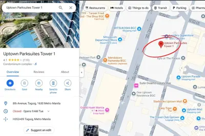 a screenshot of a google maps page with a red circle at Prime BGC Condo Near Grand Hyatt #upt131q in Manila