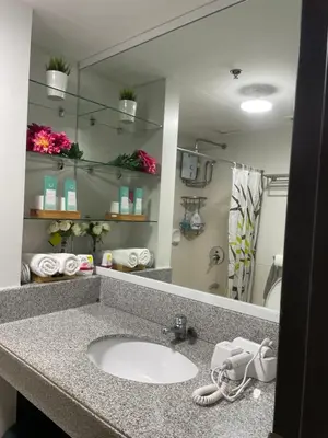 a bathroom with a sink and a mirror at Eves Urban Haven in Manila