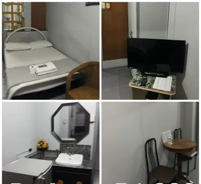 a collage of pictures of a room with a bed and a television at Slouch Hat Hotel and Restaurant in Manila
