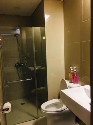 a bathroom with a shower and a toilet and a sink at Two Palm Tree Condotel in Manila