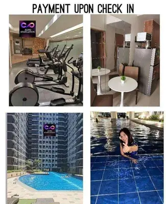 a collage of pictures of a hotel with a woman in a pool at Mall of Asia Pasay Shore 3 residences 2 in Manila