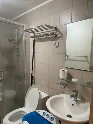 a bathroom with a shower and a toilet and a sink at SOHO Central 1 Bedroom with Balcony near MRT EDSA SHAW PIONEER Greenfields SM Megamall Ortigas in Manila