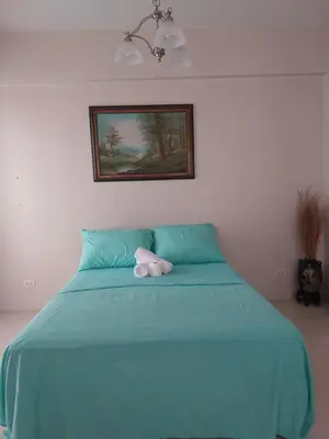 a green bed with a pink towel on it at Emy Cozy Studio unit with street view balcony in Manila
