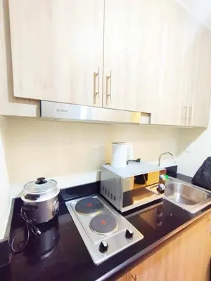 a kitchen with a stove and a microwave on a counter at Shore 2 Residences by Casa Stellar in Manila