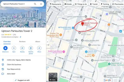 a screenshot of a google map with a red circle at Luxury BGC Condo Near Uptown,Grand Hyatt #upt219k in Manila