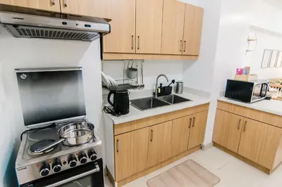 a small kitchen with a stove and a sink at Excellent Location 2 BDRM Homey Wifi Near Airport in Manila