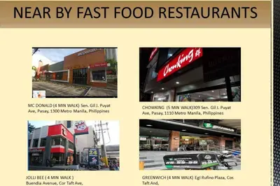a collage of photos of different fast food restaurants at Excellent Location 2 BDRM Homey Wifi Near Airport in Manila