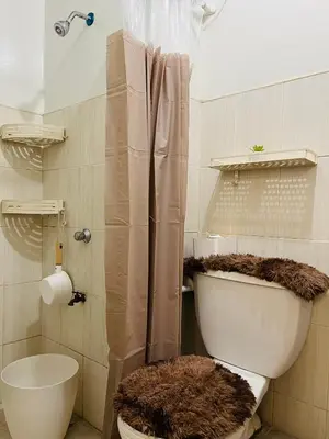 a bathroom with a toilet with a shower curtain at Fablo Getaway Staycation in Santa Rosa