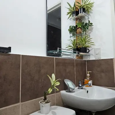 a bathroom with a sink and a mirror and potted plants at Mench Staycation in Manila