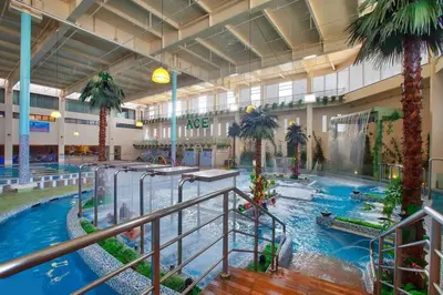 a large indoor swimming pool with palm trees in a building at Budget Twin-1Bedroom at Ace Suites in Manila