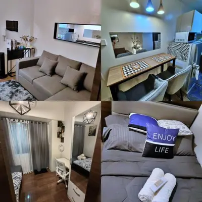 a collage of four pictures of a living room at 1Br FREE parking with balcony near RCBC, Trident, MMC in Manila