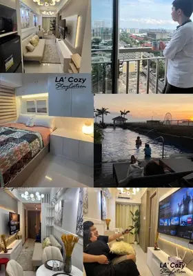 a collage of four pictures of a hotel room at Flat in Pasay-Coast Residences in Manila