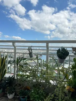 a balcony with potted plants and a view of the city at \u9a6c\u5c3c\u62c9\u6e7e\u4e09\u623f\u516c\u5bd3 in Manila
