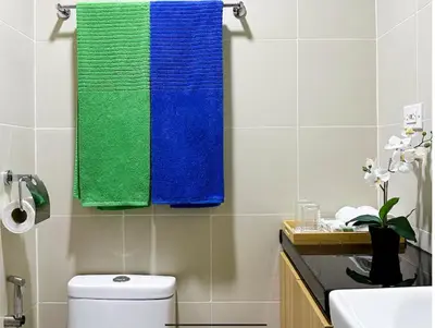 a bathroom with green and blue towels hanging above a toilet at Cozy Mid-Century Condo with a Skyline View in Manila