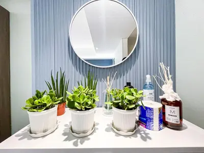 a table with three potted plants and a mirror at Lovely Penthouse across City of Dreams, Airport in Manila