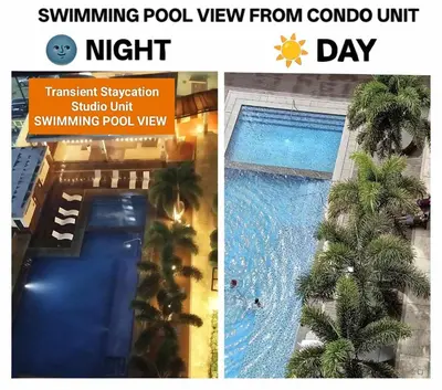 a collage of two pictures of a swimming pool with palm trees at Holland Park Condominium Accommodation Southwoods Biñan Laguna- Max 4 Persons including kids & toddlers in Biñan