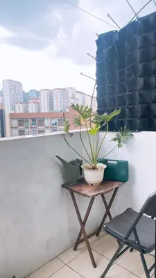 a table with a potted plant on a balcony at Ohana Buenbyahe Studio Rooms with balcony in Mandaluyong, Edsa Shaw Mrt and Megamall in Manila