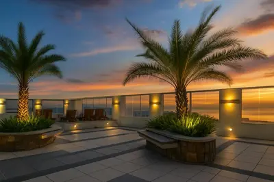 a hotel with two palm trees on a building at La Verti Residences Unit 1420 I Skyline Views & Luxe Stay Near MOA in Manila
