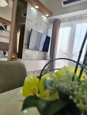 a room with a table with a plant and a television at Stunning 2 Bedroom near Airport in Manila