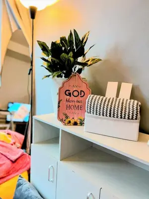 a potted plant sitting on a shelf in a room at StudioUnit Near Airport up to 3pax WiFi in Manila